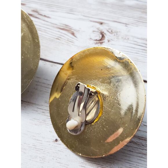 Vintage Clip On Earrings - Large Statement Golden Yellow & Gold Tone 3D - Picture 7 of 7